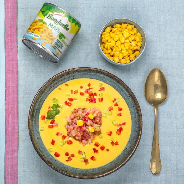 Gazpacho di mais freddo con gamberi marinati al lime