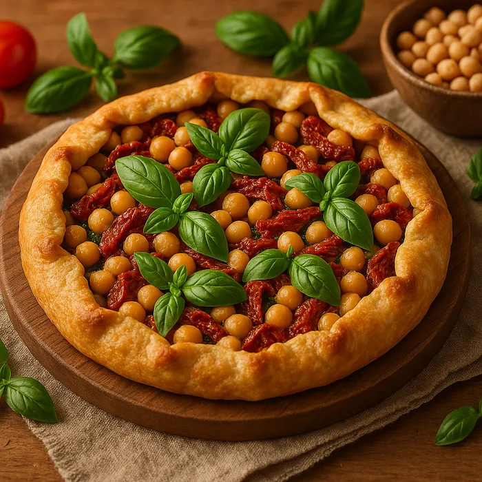 Tarte rustique aux pois chiches, tomates confites et basilic