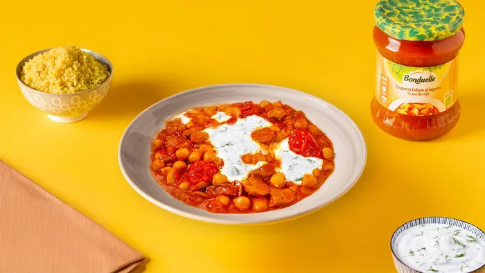 Tocăniță cu năut, ciuperci feliate și legume în sos de roșii