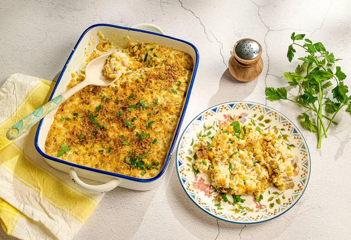 Гратен от сладка царевица със сметана, пармезан и панко