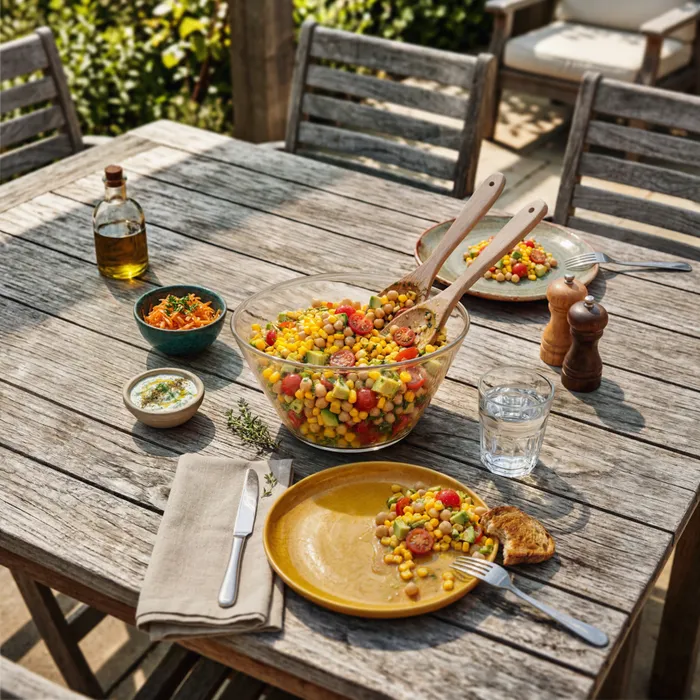 Salade de maïs, pois chiches, tomates et concombre