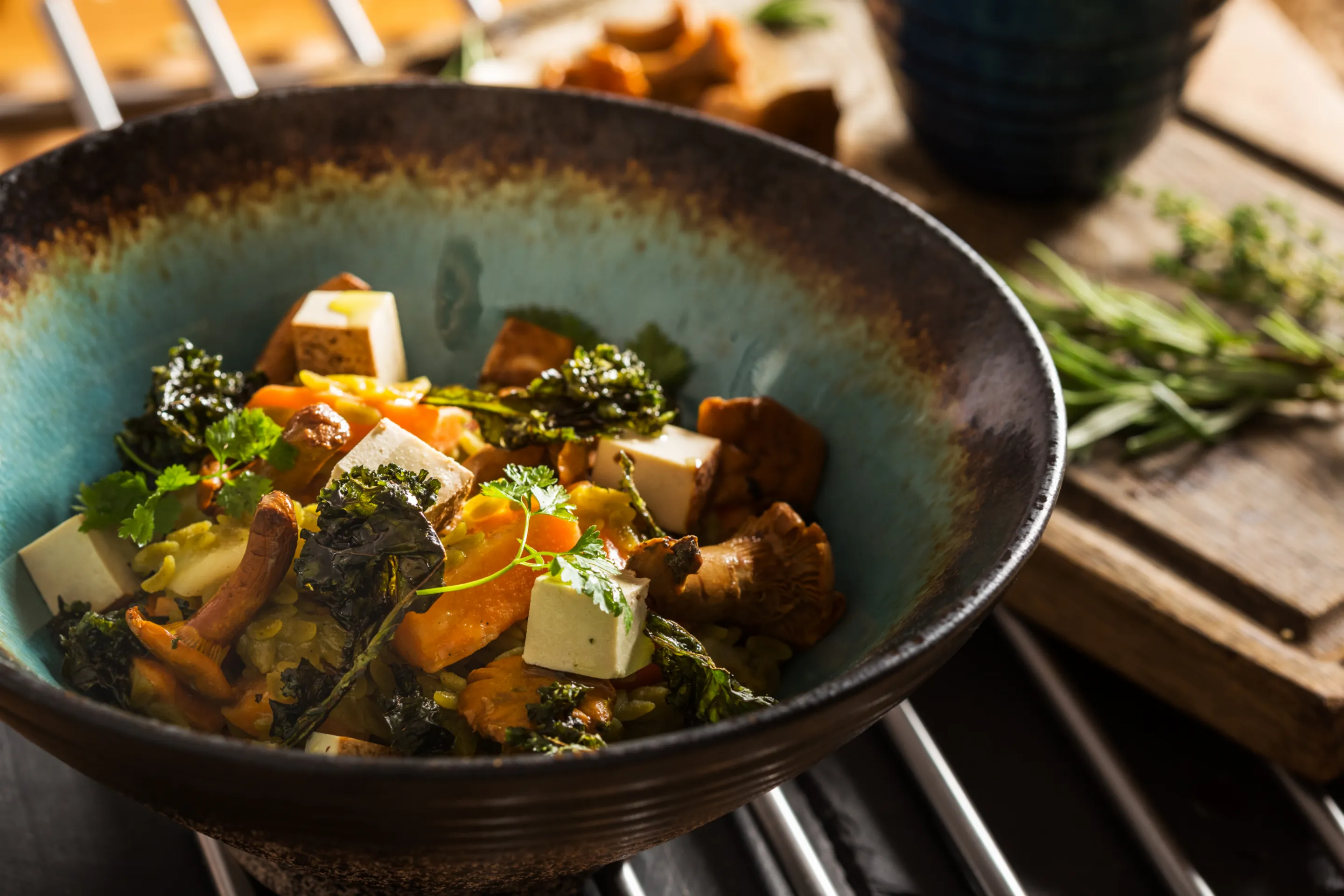 Pepisotto z batatami i pietruszką, tofu i kurkami