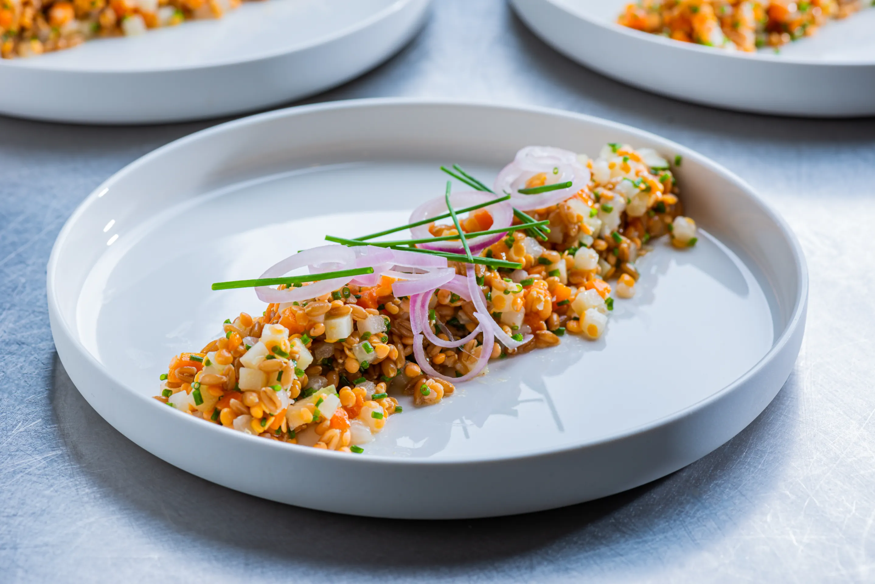 Spelt korraallinzensalade met brunoise melange