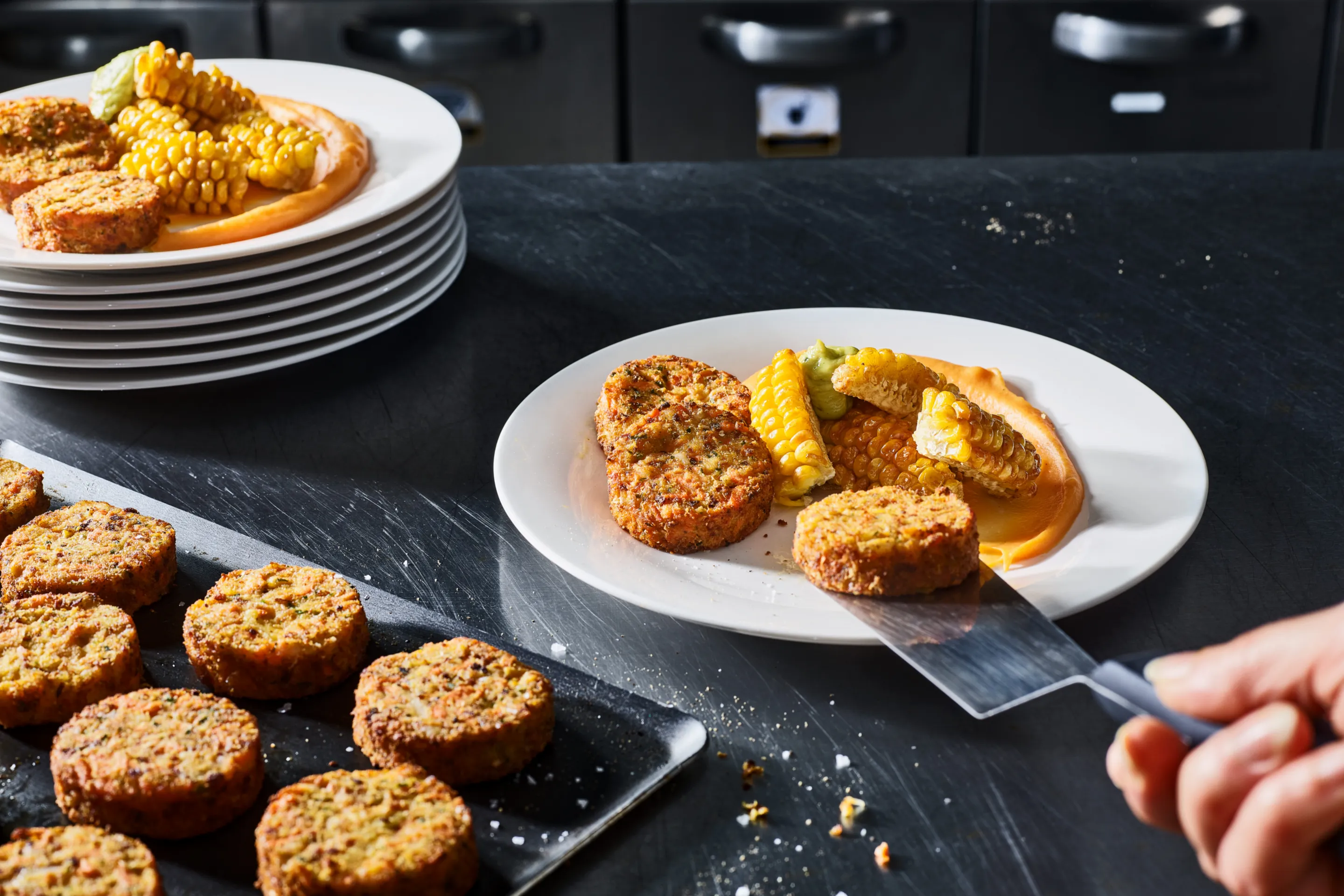 Galettes carottes potiron, purée de patates douces et ribs de maïs