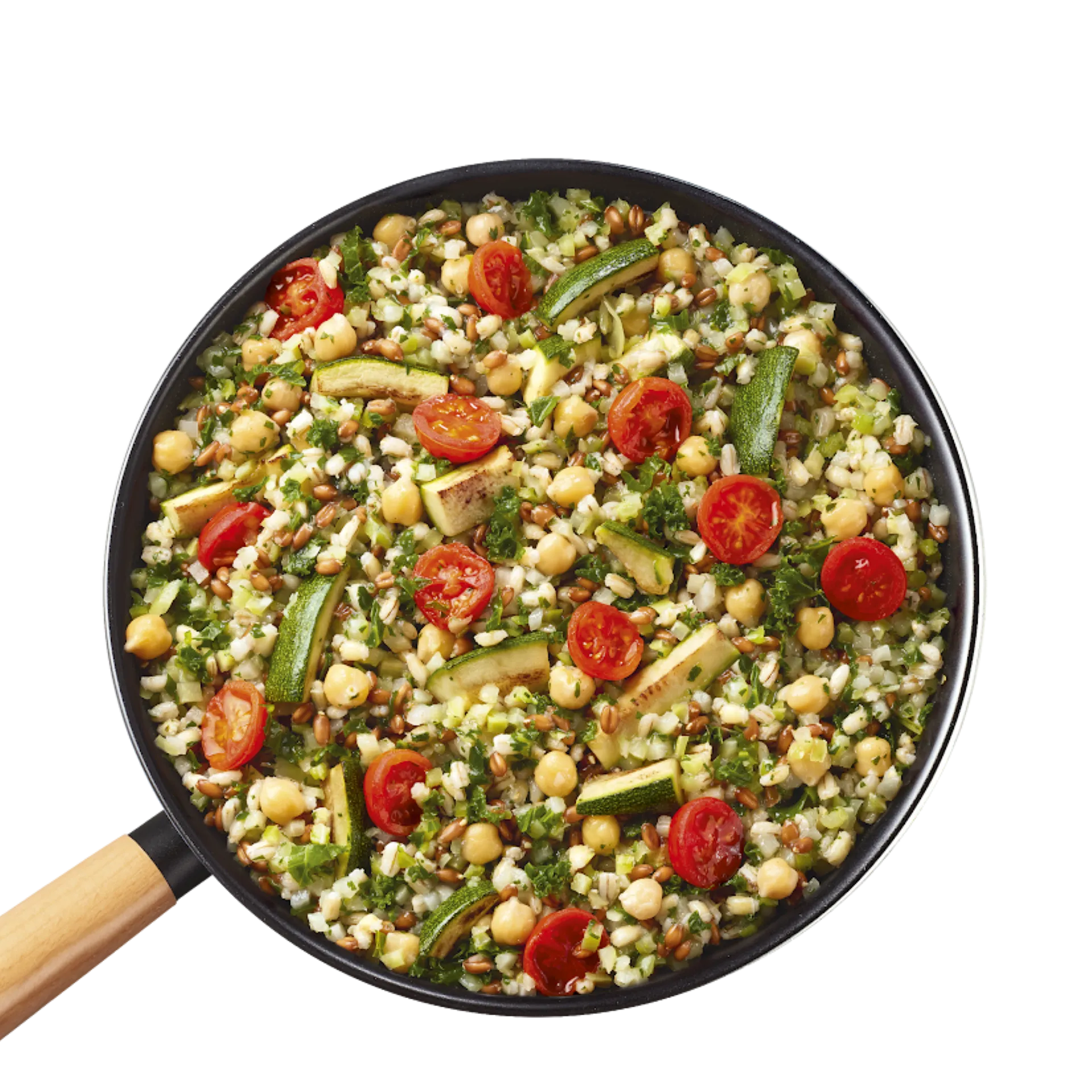 La Poêlée Légumes et Céréales, courgettes, tomates cerises, pois chiches et épeautre