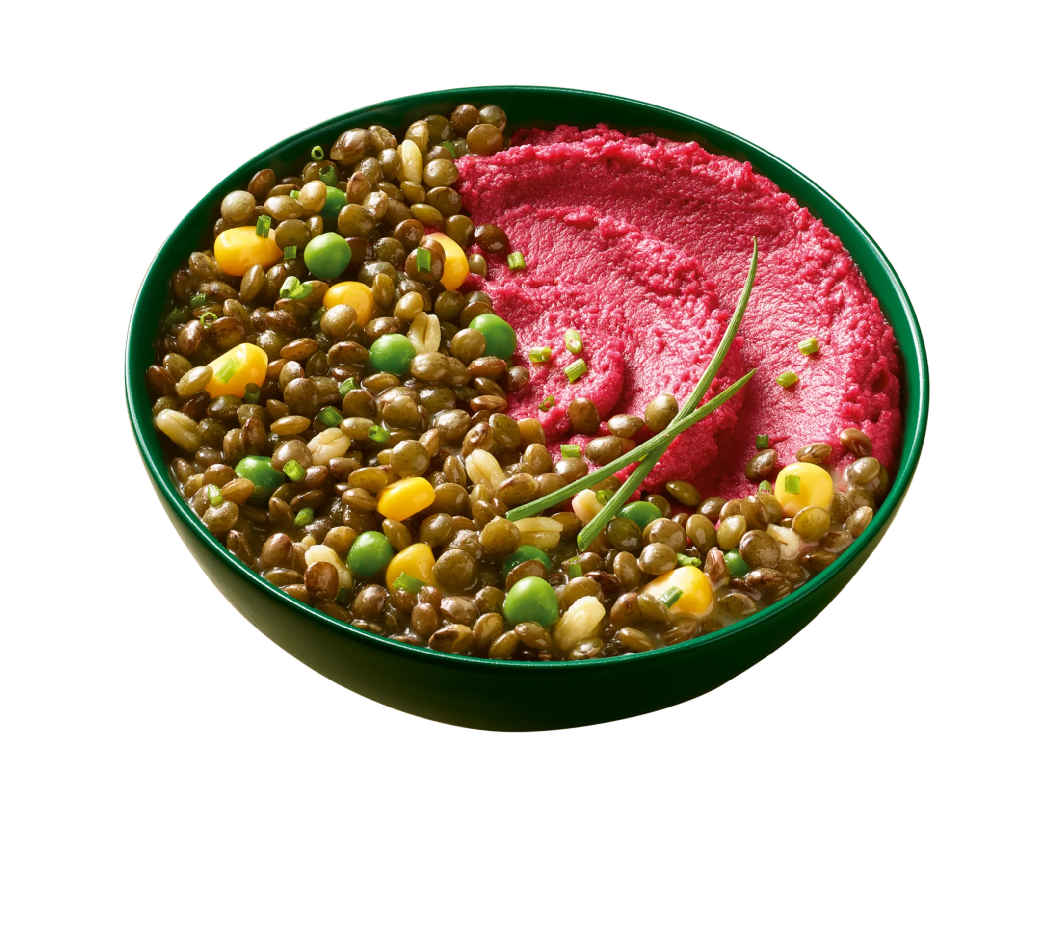 Lentilles, blé, ciboulette & houmous betterave rouge