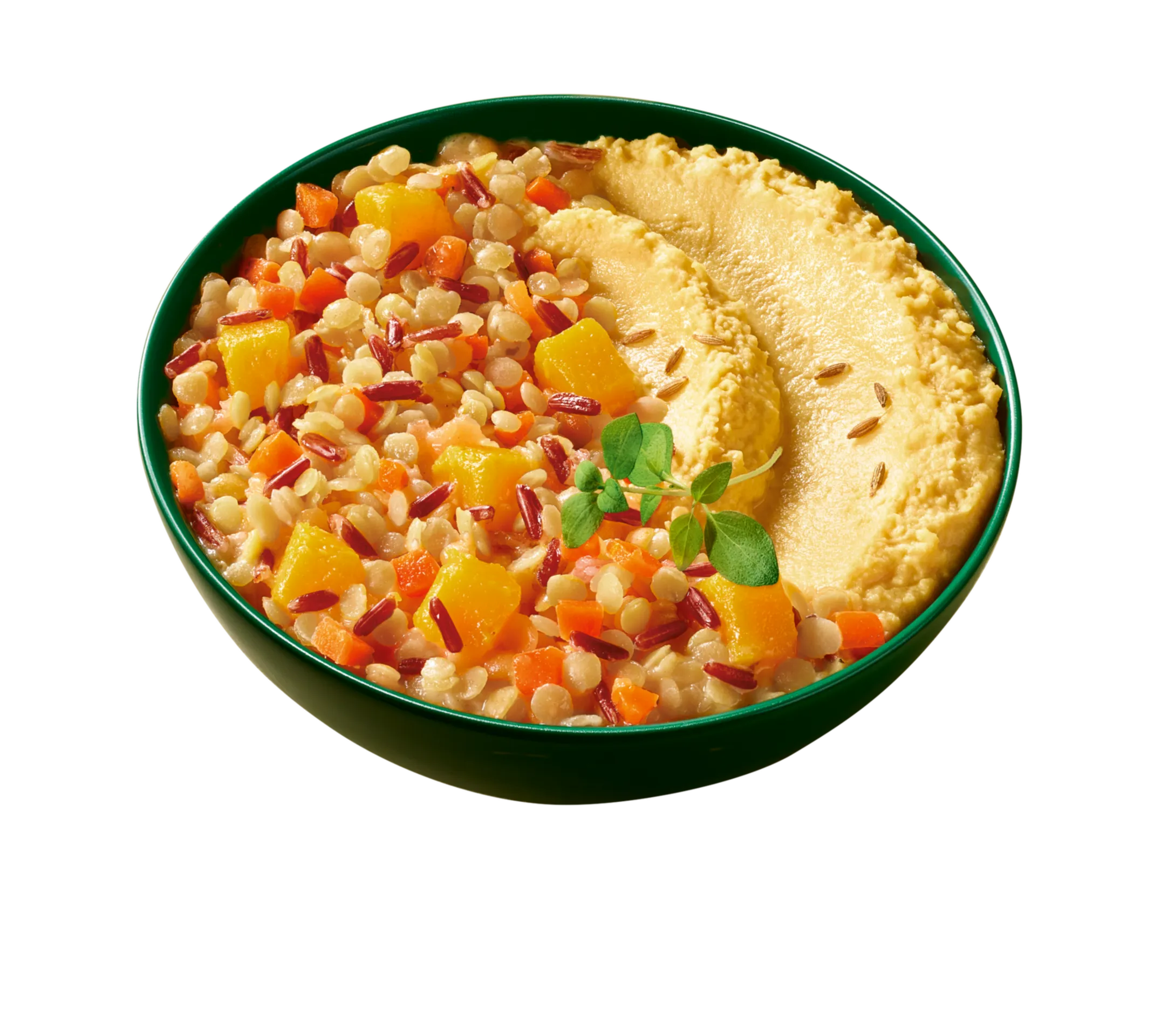 Riz rouge, lentilles corail, butternut & houmous butternut/fromage