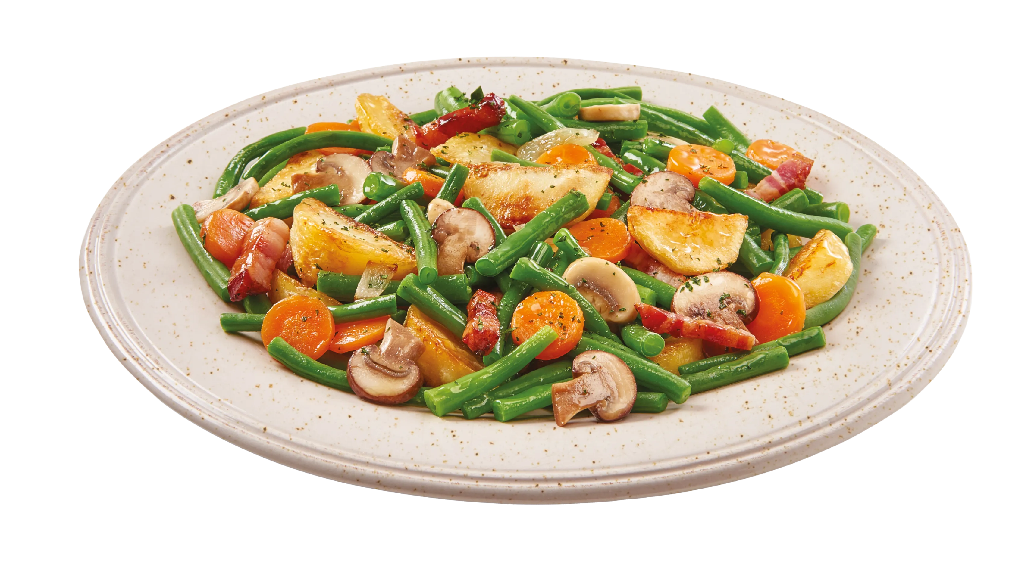 Mix gustoso di verdure, patate e funghi - con pancetta affumicata -