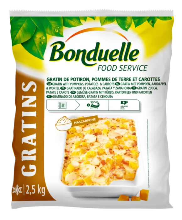 Gratin de potiron, pommes de terre et carottes au mascarpone