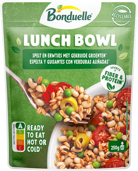 Lunch Bowl Spelt, erwtjes, zwarte oogbonen, cherrytomaten, rode paprika, olijven