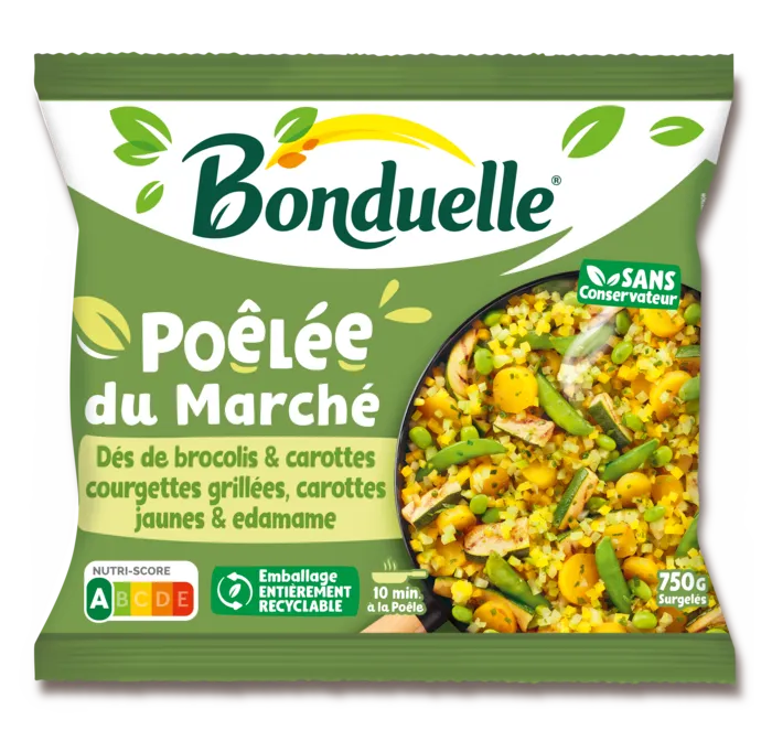 Poêlée du marché - Dés de brocolis et carottes jaunes, courgettes grillées, carottes, edamame
