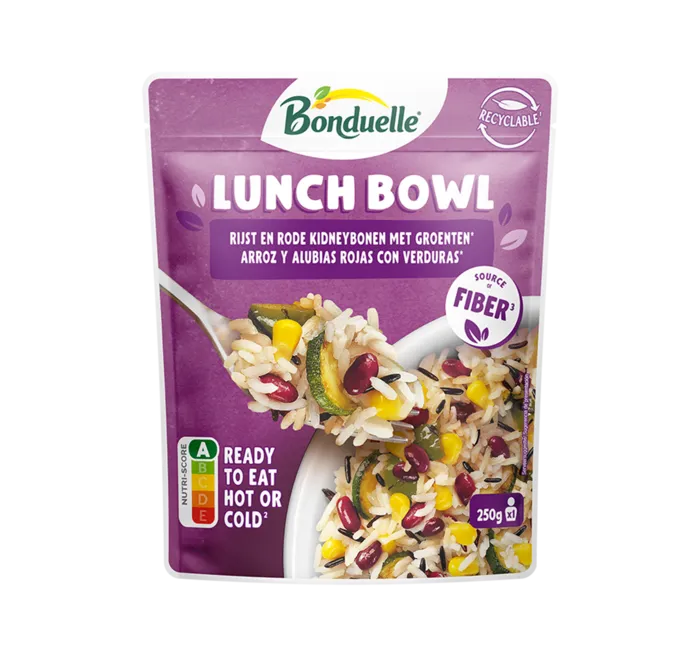 Lunch Bowl Rijst, rode kidneybonen, maïs, gegrilde groenten.