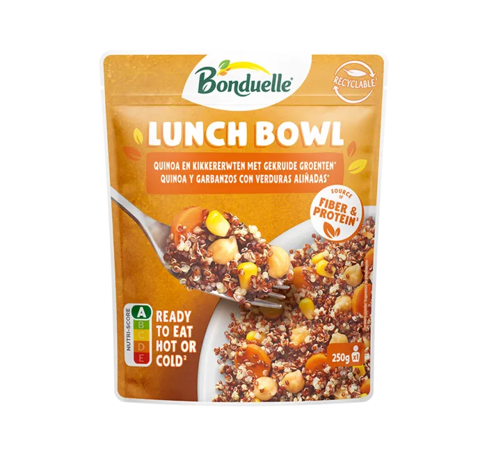 Lunch Bowl Wortel, kikkererwten, maïs, quinoa.