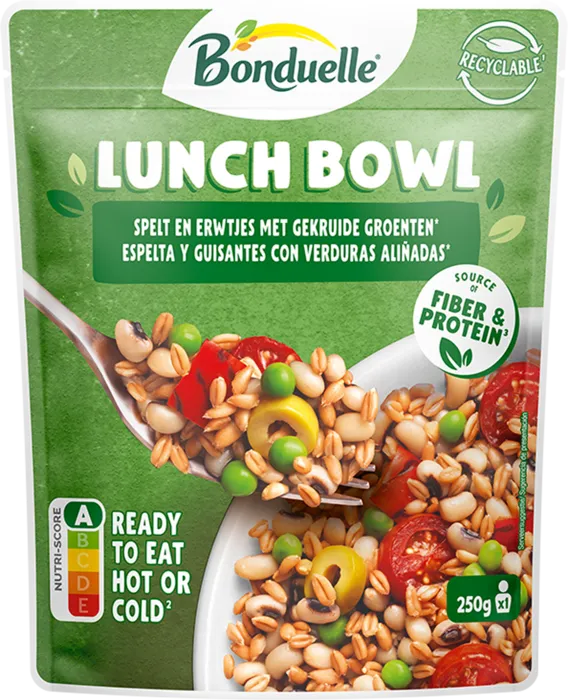 Lunch Bowl Spelt, erwtjes, zwarte oogbonen, cherrytomaten, rode paprika, olijven.